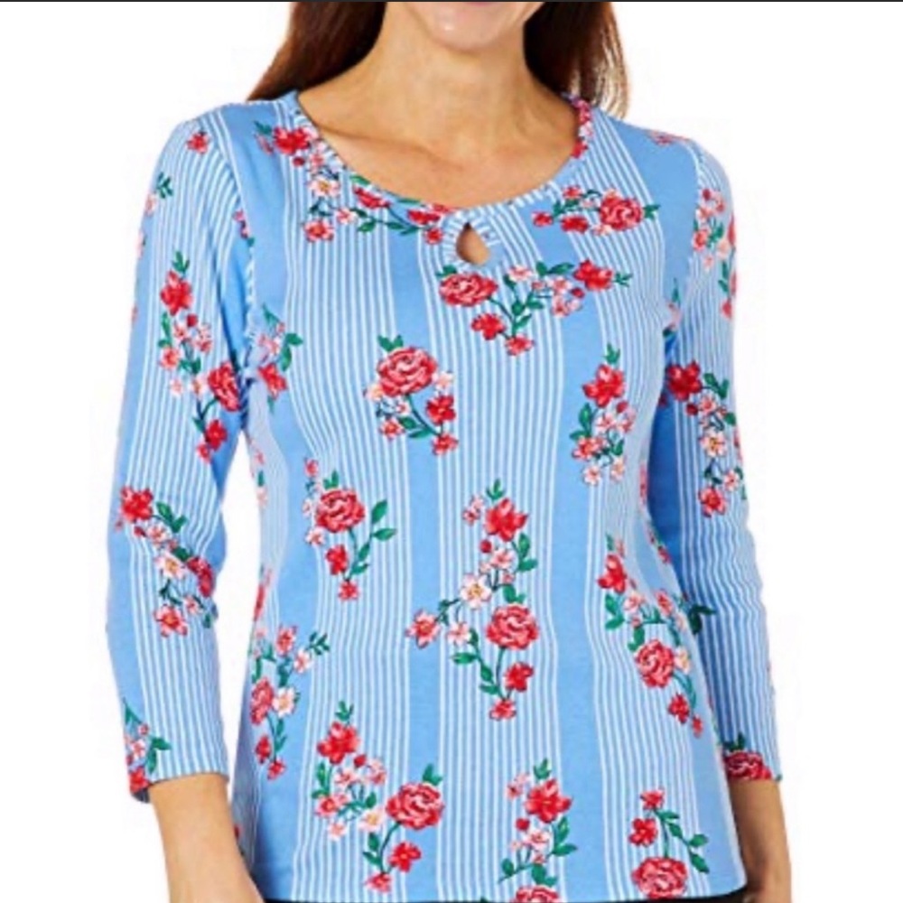 Rafaella Floral Striped Top Blue 3/4 Length Sleeves
